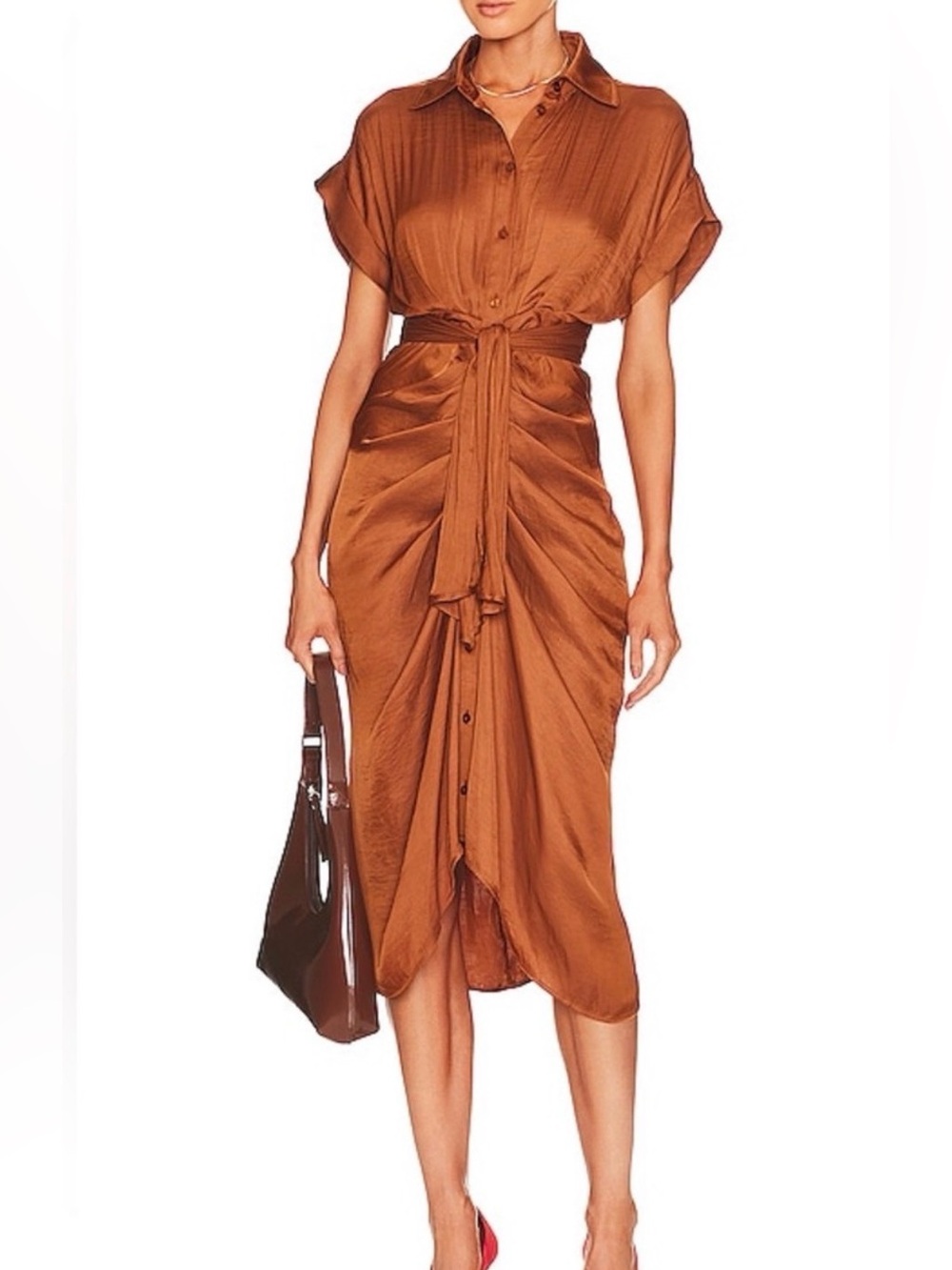 Satin Tie-Waist Shirt Dress in mint